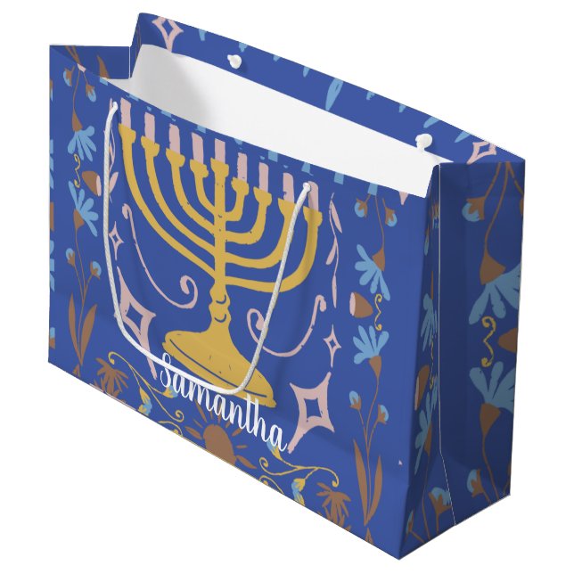 Personalised Hanukkah pattern Large Gift Bag (Front Angled)