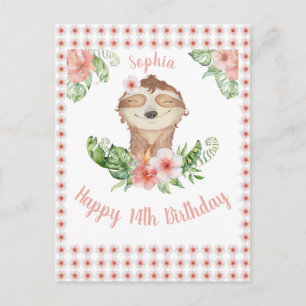 Personalised Happy 14th Birthday Cute Sloth Girl Postcard