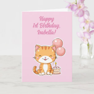 Personalised Happy 1st Birthday Girl, Cute Kitten Card