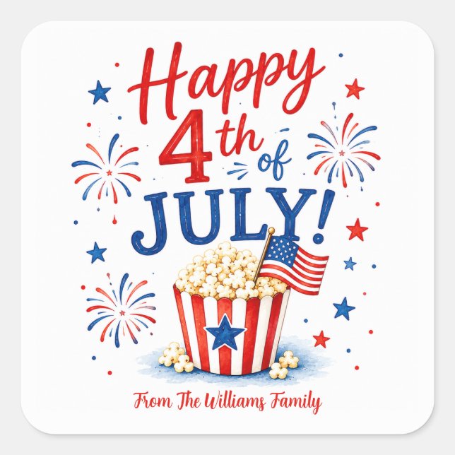 Personalised Happy 4th of July Square Sticker (Front)