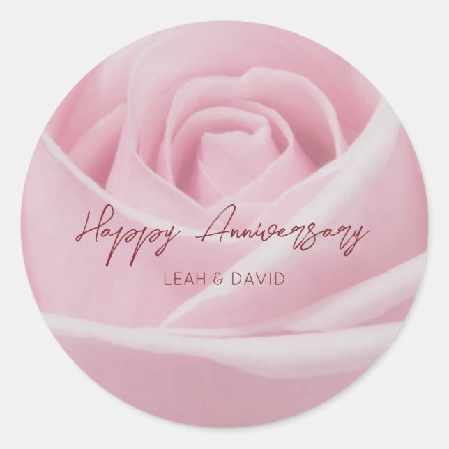 Personalised happy anniversary pink rose classic round sticker (Front)
