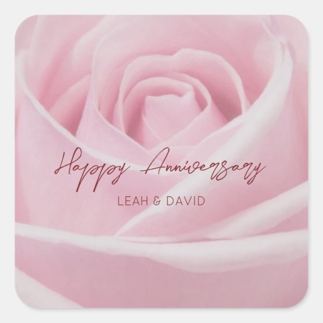 Personalised happy anniversary pink rose square sticker (Front)