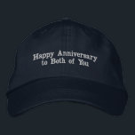 Personalised Happy Anniversary to Both of You Hat<br><div class="desc">This navy cotton cap features the heartfelt message "Happy anniversary to both of you, " making it a thoughtful gift for couples celebrating their special day. The text is beautifully embroidered for a premium look and feel. The cap is designed for comfort with an adjustable strap, ensuring a perfect fit...</div>