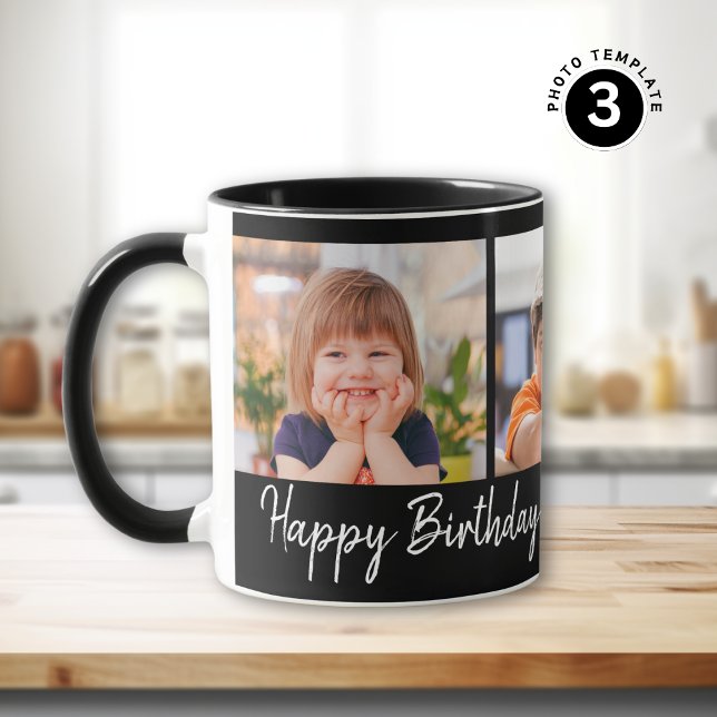 Personalised Happy Birthday 3 Photo Collage Black Mug (Creator Uploaded)