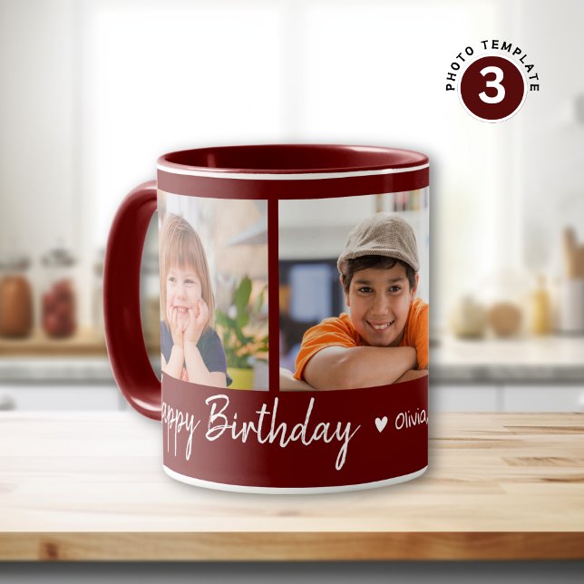 Personalised Happy Birthday 3 Photo Collage Maroon Mug (Creator Uploaded)