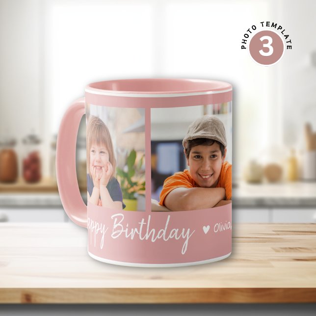 Personalised Happy Birthday 3 Photo Collage Pink Mug (Creator Uploaded)