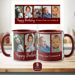 Personalised Happy Birthday 5 Photo Collage Maroon Mug