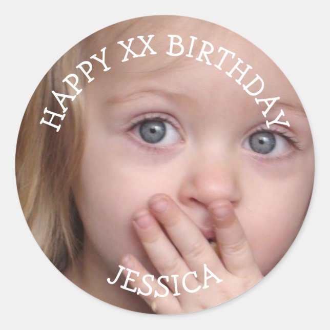 Personalised Happy Birthday Age and Photo Classic Round Sticker (Front)