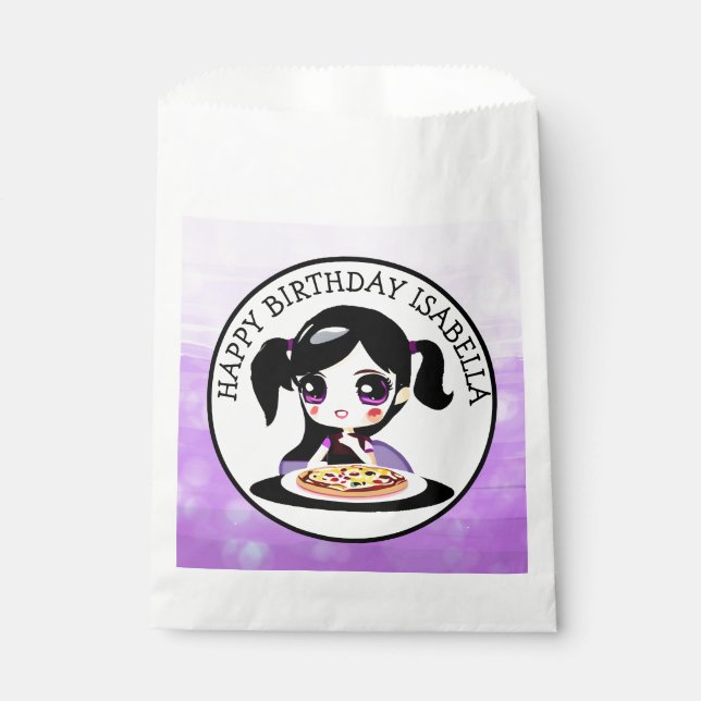 Personalised Happy Birthday Anime Girl Pizza Party Favour Bags (Front)