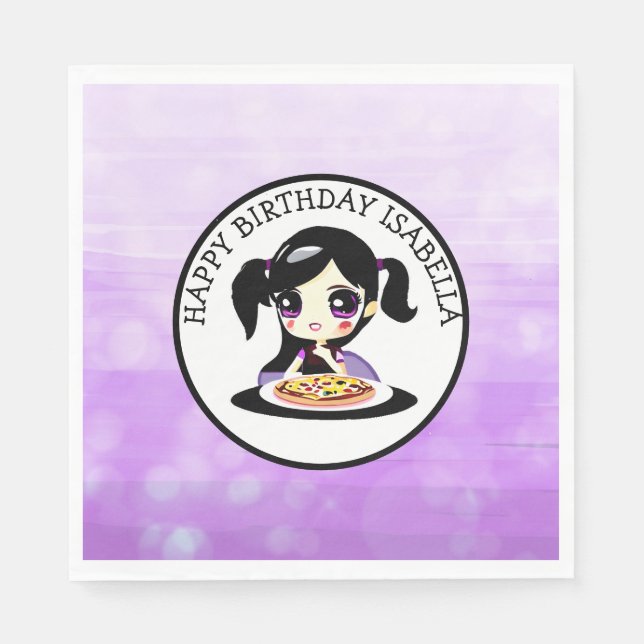 Personalised Happy Birthday Anime Girl Pizza Party Napkin (Front)