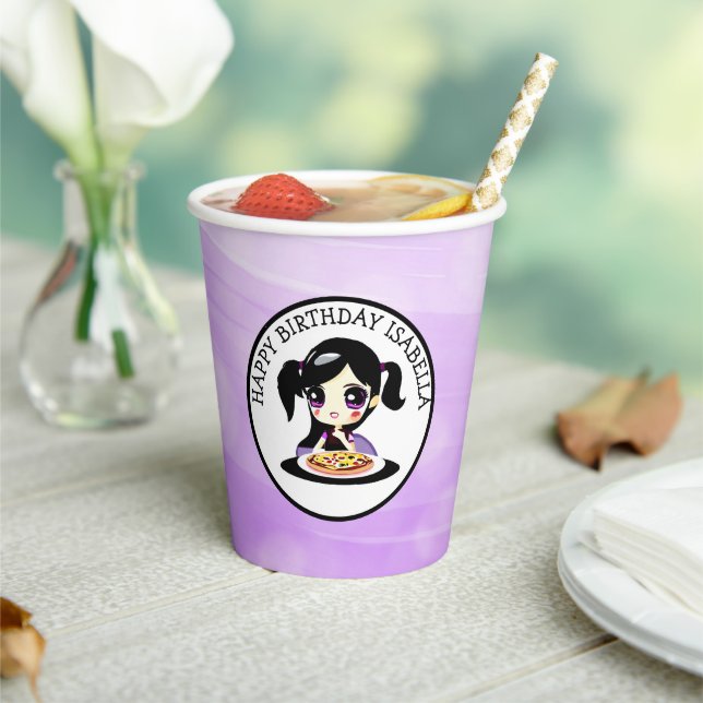 Personalised Happy Birthday Anime Girl Pizza Party Paper Cups (Insitu)