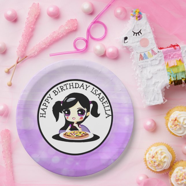 Personalised Happy Birthday Anime Girl Pizza Party Paper Plate (Party)