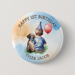 Personalised Happy Birthday   Baby and Puppy 6 Cm Round Badge