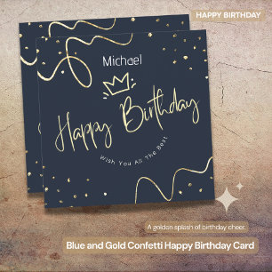 Personalised Happy Birthday Blue & Gold  Card
