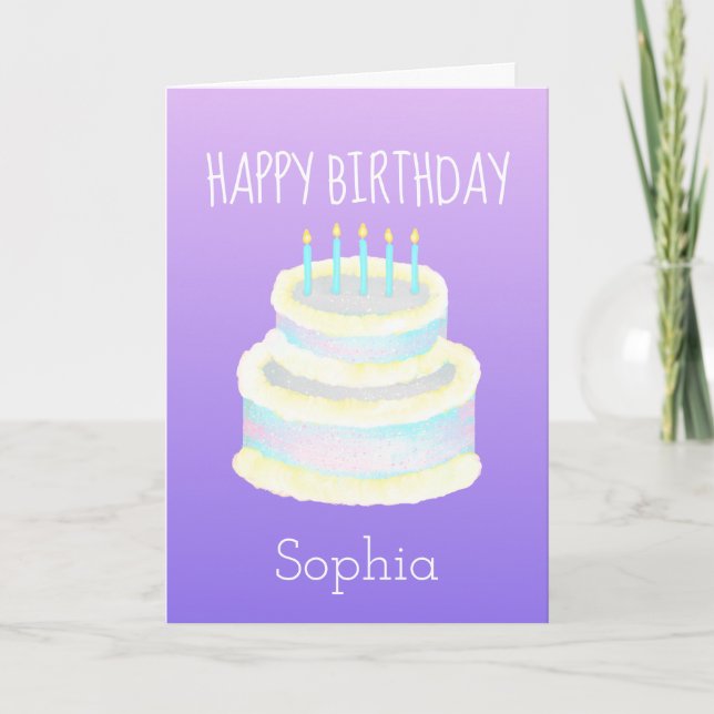 Personalised Happy Birthday Cake Purple Card (Front)
