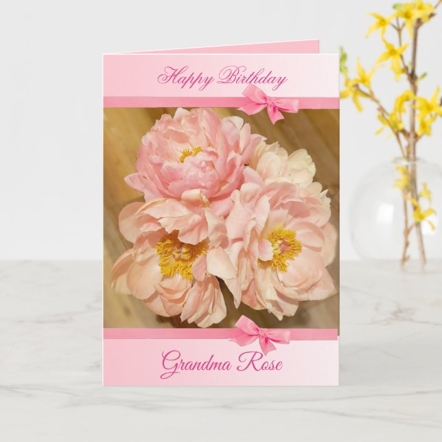 Personalised Happy Birthday Card with Pink Peonies (Yellow Flower)