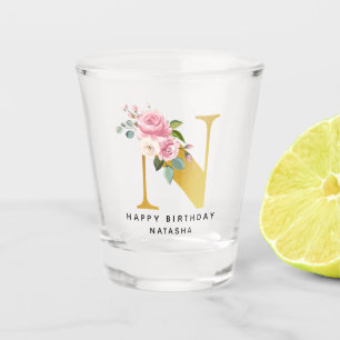 Personalised Happy Birthday Floral Monogram Name Shot Glass