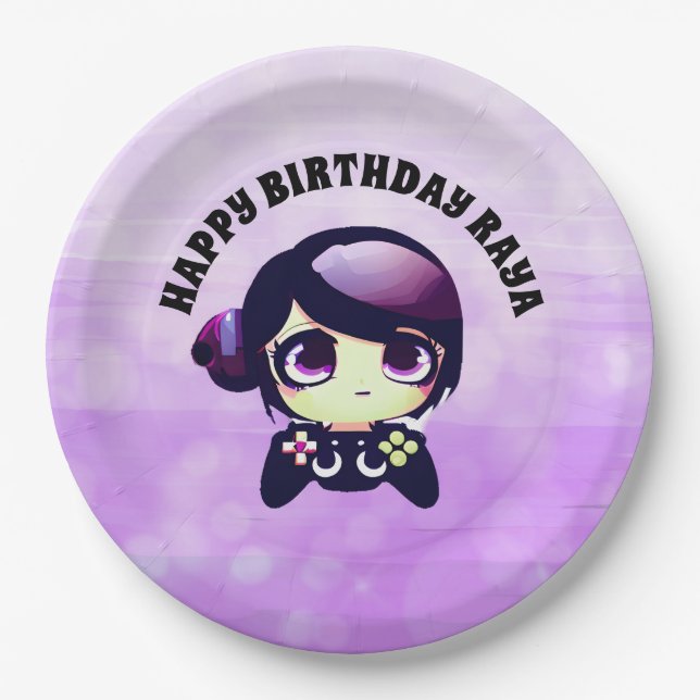 Personalised Happy Birthday Gaming Themed Purple Paper Plate (Front)