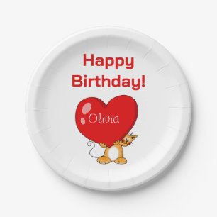 Personalised Happy Birthday Heart Cat Paper Plate