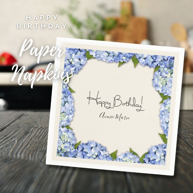 Personalised Happy Birthday Hydrangea Napkin (Personalized Happy Birthday Hydrangea Napkins)