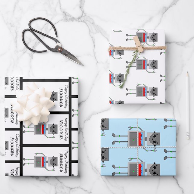 Personalised Happy Birthday Robot Themed Wrapping Paper Sheet (Front)