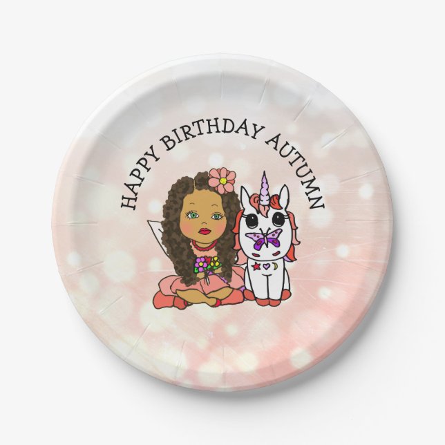 Personalised Happy Birthday Unicorn and Fairy Paper Plate (Front)