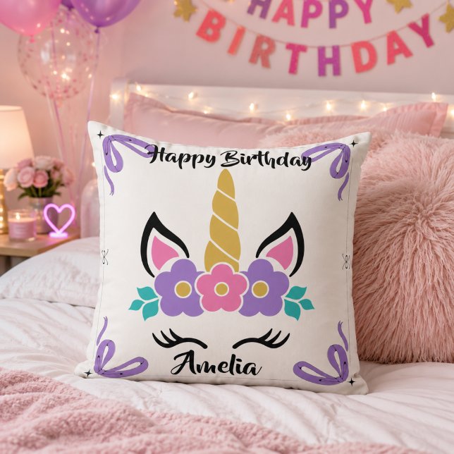 Personalised Happy Birthday Unicorn Throw Pillow (Creator Uploaded)