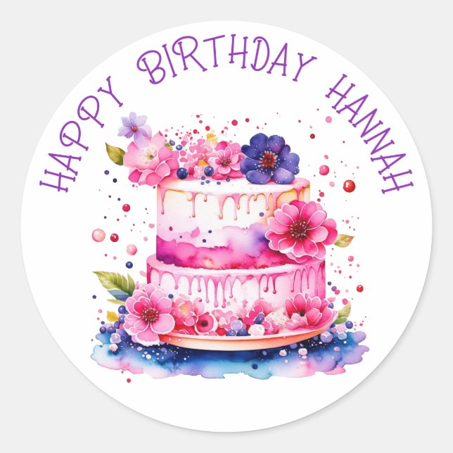 Personalised Happy Birthday Whimsical Cake Classic Round Sticker (Front)