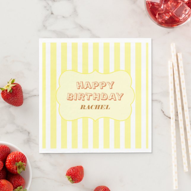 Personalised Happy Birthday Yellow Stripe  Napkin (Insitu)