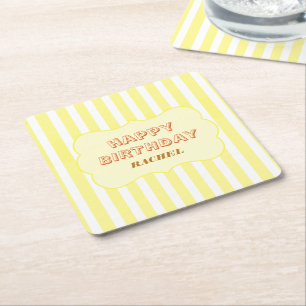 Personalised Happy Birthday Yellow Stripe  Square Paper Coaster