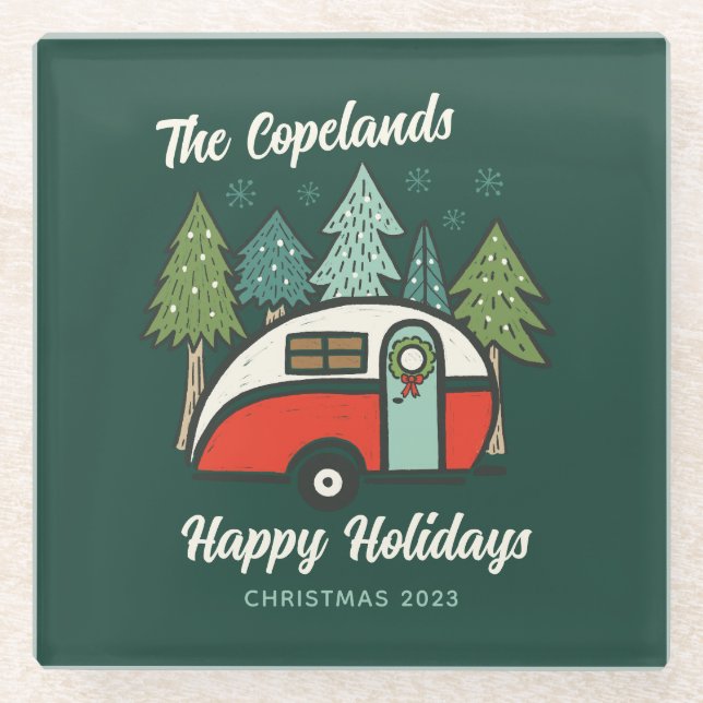 Personalised Happy Camper Glass Coaster (Front)