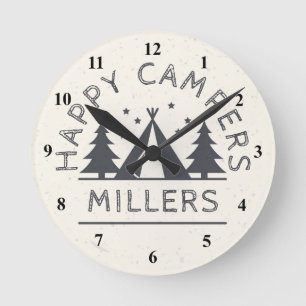 Personalised Happy Campers   Rustic Tent Camping Round Clock