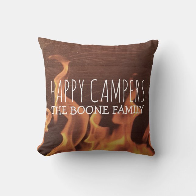 Personalised Happy Campers | Rustic Wood Campfire Cushion (Front)