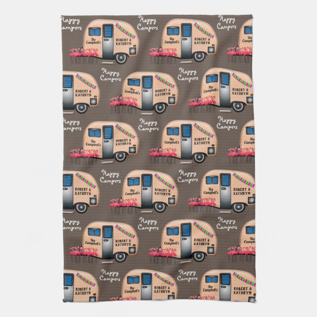 Personalised Happy Campers w/Flamingos Kitchen Tea Towel (Vertical)