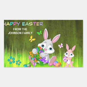 Personalised HAPPY EASTER Bunny Coloured Eggs Rectangular Sticker