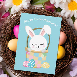 Personalised Happy Easter Bunny Cute Baby Blue Card