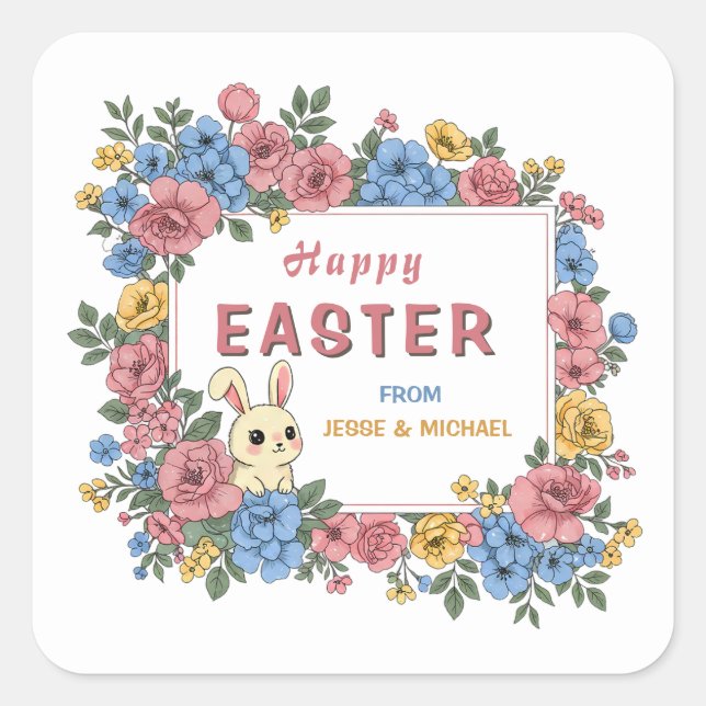 Personalised Happy Easter Bunny Floral Custom Name Square Sticker (Front)