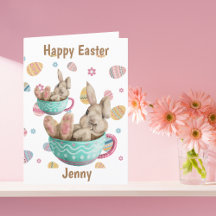 Personalised Happy Easter Bunny Sitting In Teacups