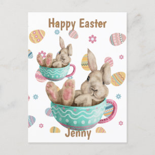 Personalised Happy Easter Bunny Sitting In Teacups Holiday Postcard