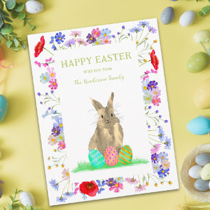 Personalised Happy Easter Cute Bunny Wildflower Holiday Card