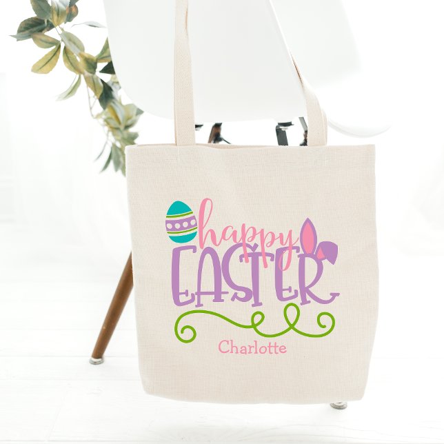 Personalised Happy Easter Cute Modern Typography Tote Bag (Creator Uploaded)