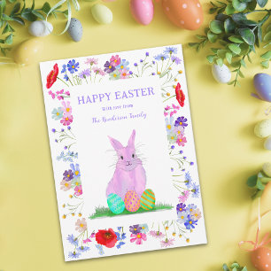 Personalised Happy Easter Cute Pink Bunny Floral Holiday Card