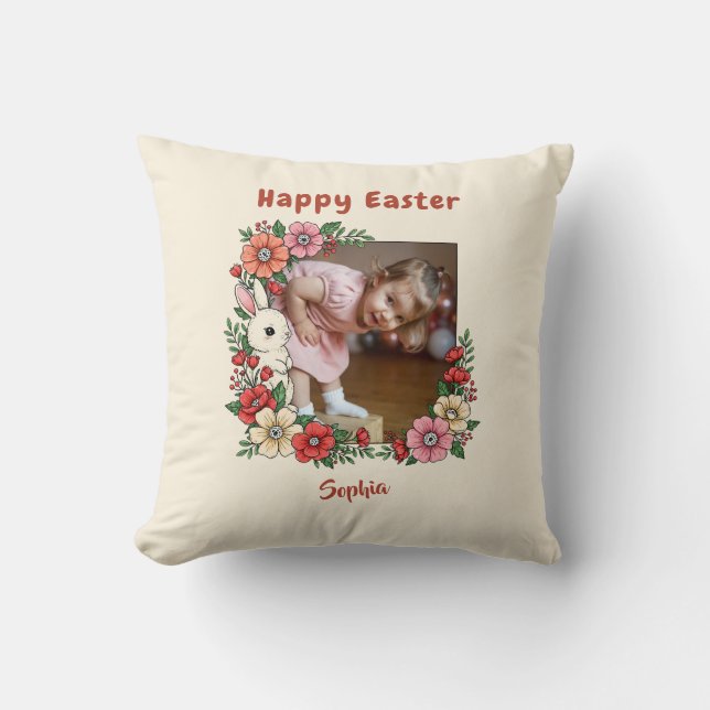 Personalised Happy Easter Floral Bunny Custom Pic Cushion (Front)