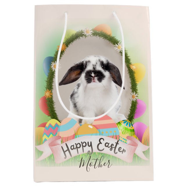 Personalised Happy Easter rabbit with eggs Medium Gift Bag (Front)