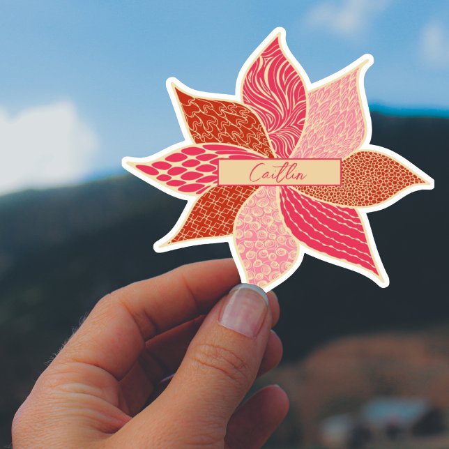  Personalised Happy Flower Name Sticker (Personalized Happy Flower Custom Cut Sticker in Pink and Red)