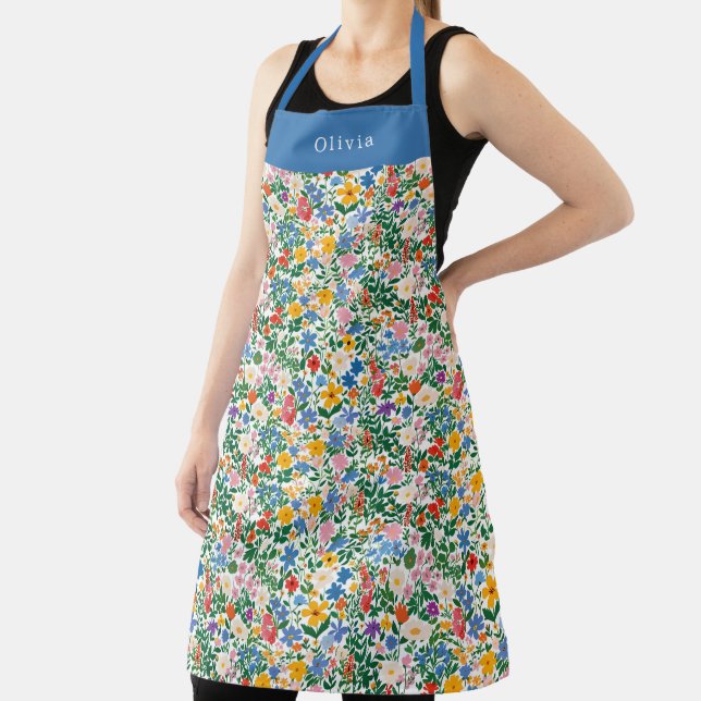 Personalised Happy Flowers Floral Pattern Apron. Apron (Insitu)