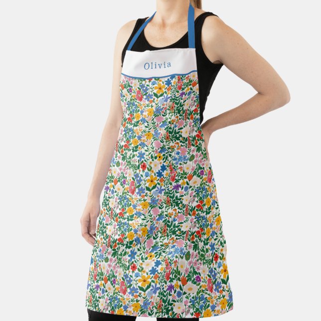 Personalised Happy Flowers Floral Pattern Apron. Apron (Insitu)