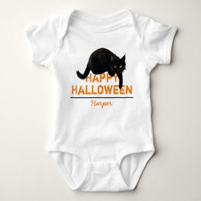 Personalised Happy Halloween Black Cat Baby Bodysuit (Front)