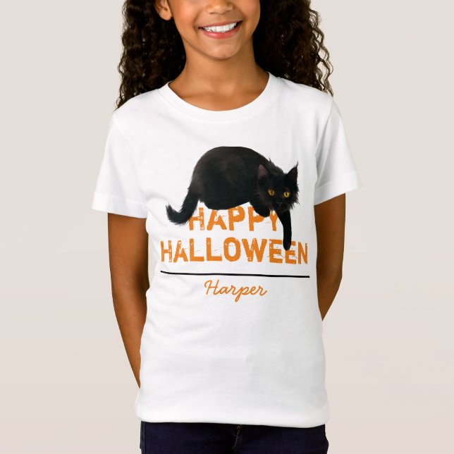 Personalised Happy Halloween Black Cat T-Shirt (Front)