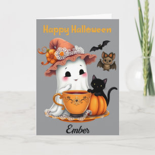 Personalised Happy Halloween Cute Ghost, Cat, Bat Card